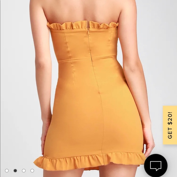 XS Golden Yellow Strapless Ruffled Bodycon Dress - Picture 2 of 5